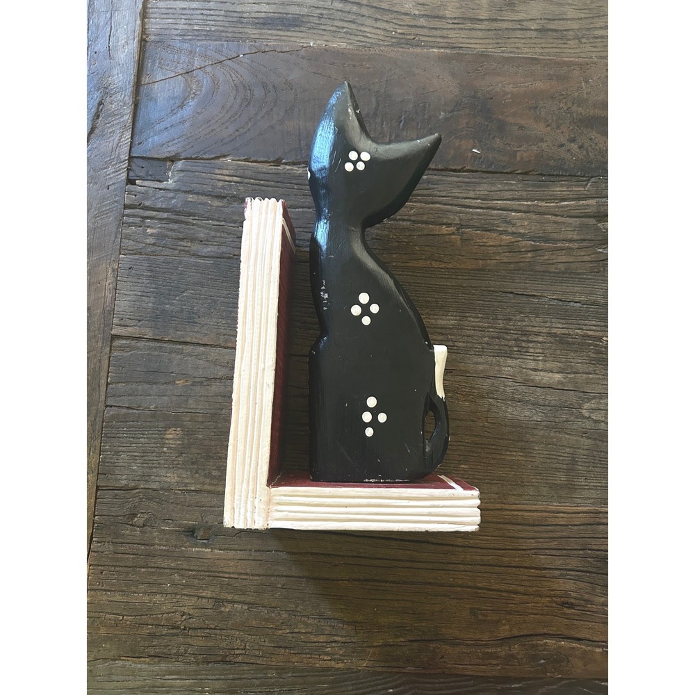 Vintage Indonesian Wooden Cat Bookend Folk Art Black White Cat Shelf Decor - Picture 8 of 9
